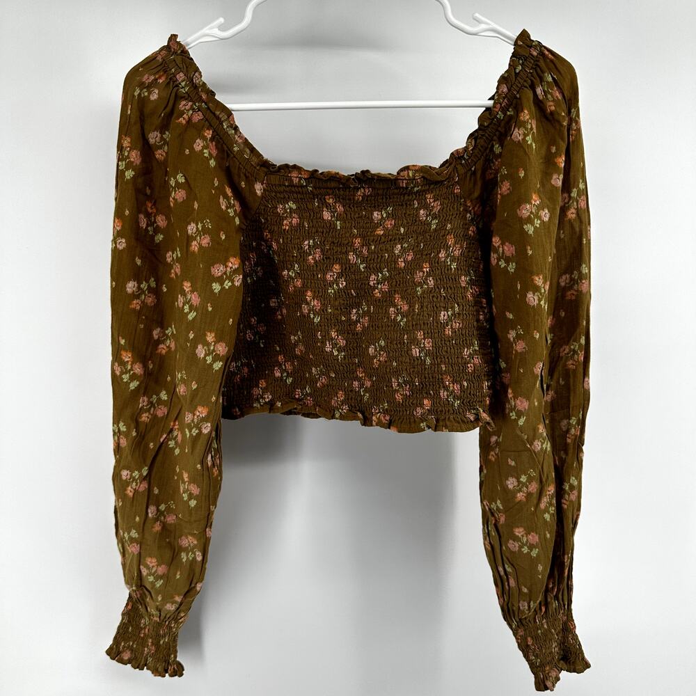 Aerie Crop Top Long Puff Sleeve Floral Print Smocked Ruffle Square Neck Brown S - Picture 7 of 7